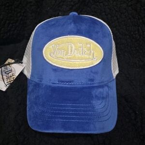 Von Dutch Blue and Yellow Velvet Trucker Hat